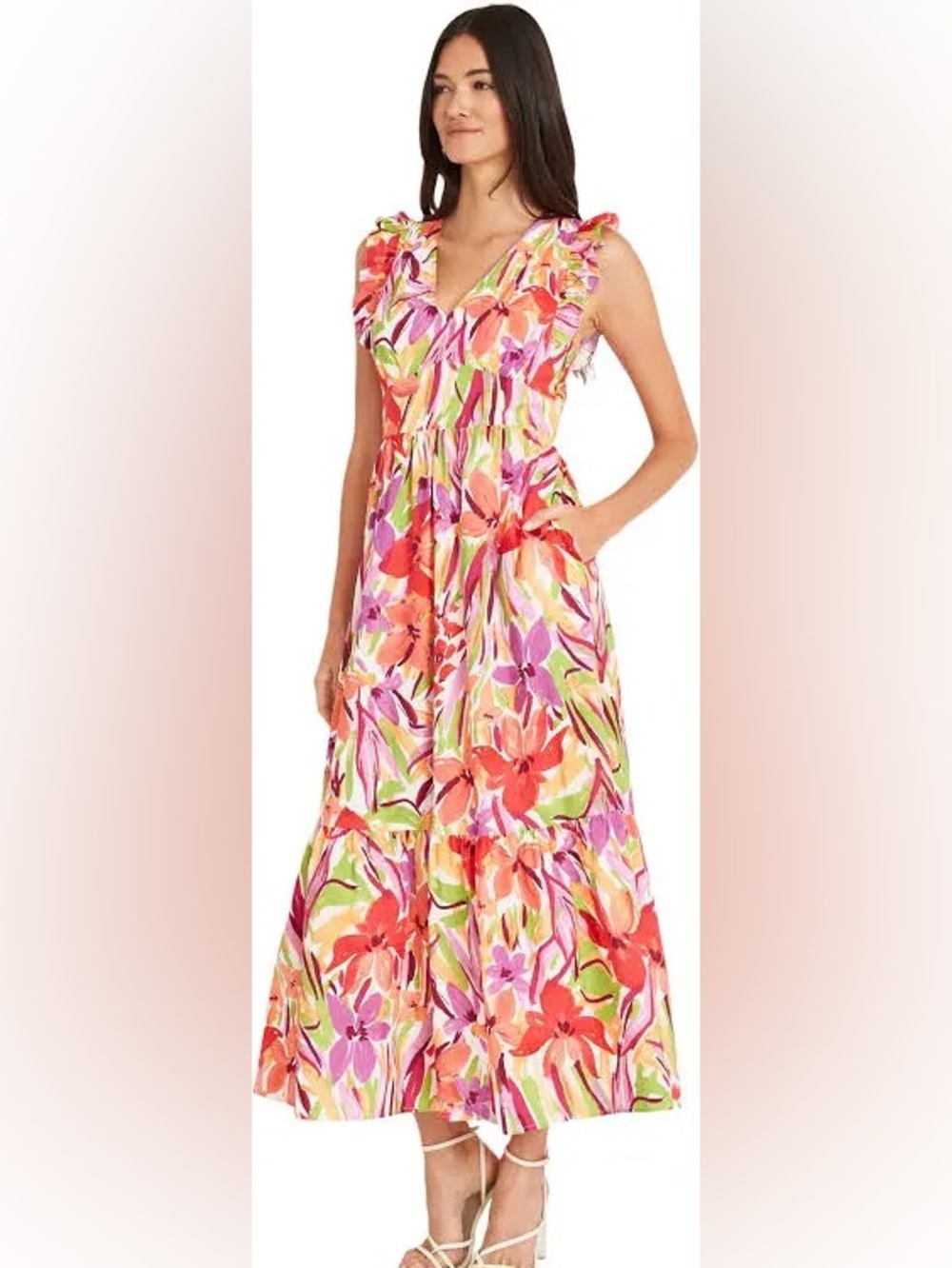Maggy London Pink Orange Green Floral Tiered Maxi Dress Size 0